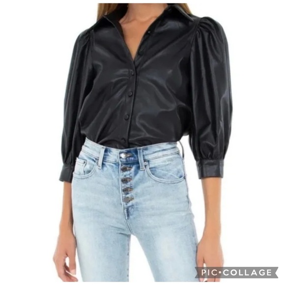 Pistola Adina Black Puff Sleeve Black Faux Leather Blouse Size S - Picture 3 of 15
